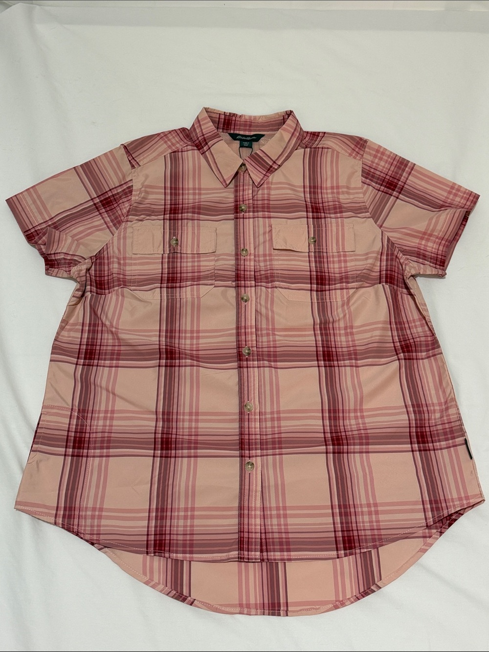 Eddie Bauer W M Peach Stirling Plaid SS Adventure Shirt UPF50 Moisture Wkg